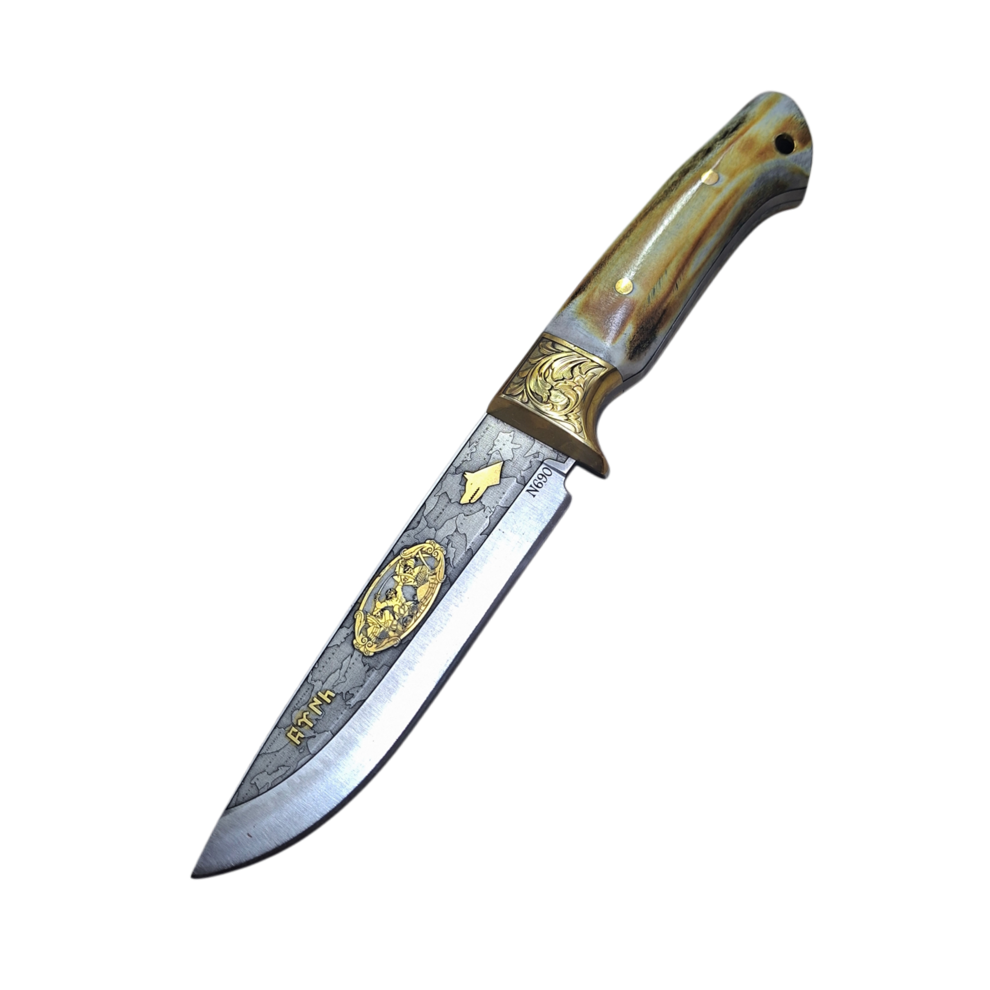 N690 Böhler Bushcraft Geyik Boynuzu Kabze 24K Altın gravürlü