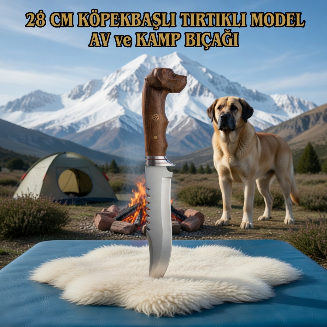 Köpek Başlı Tırtıklı Av ve Kamp Bıçağı 28 cm