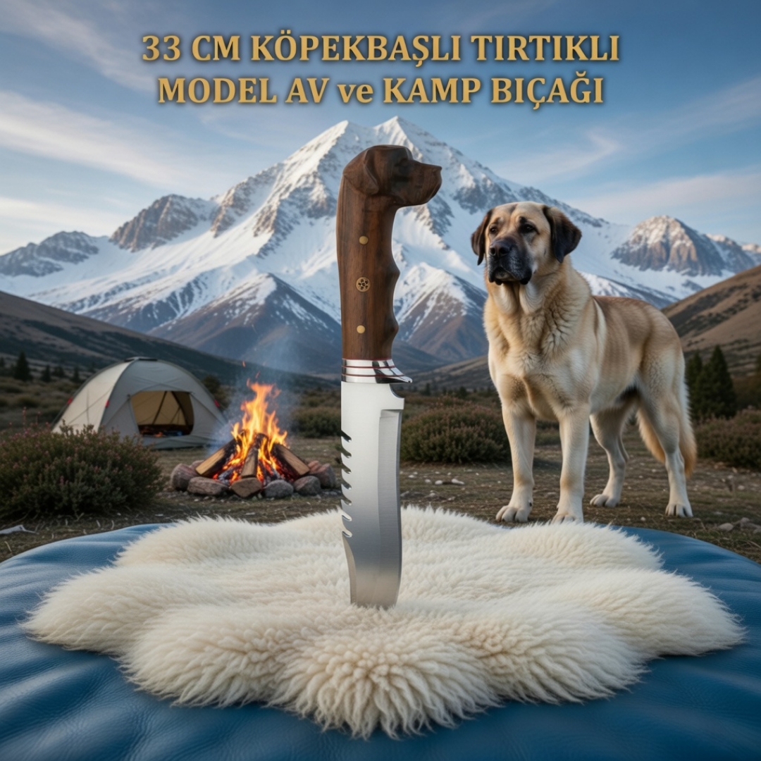 Köpek Başlı Tırtıklı Av ve Kamp Bıçağı 33 cm