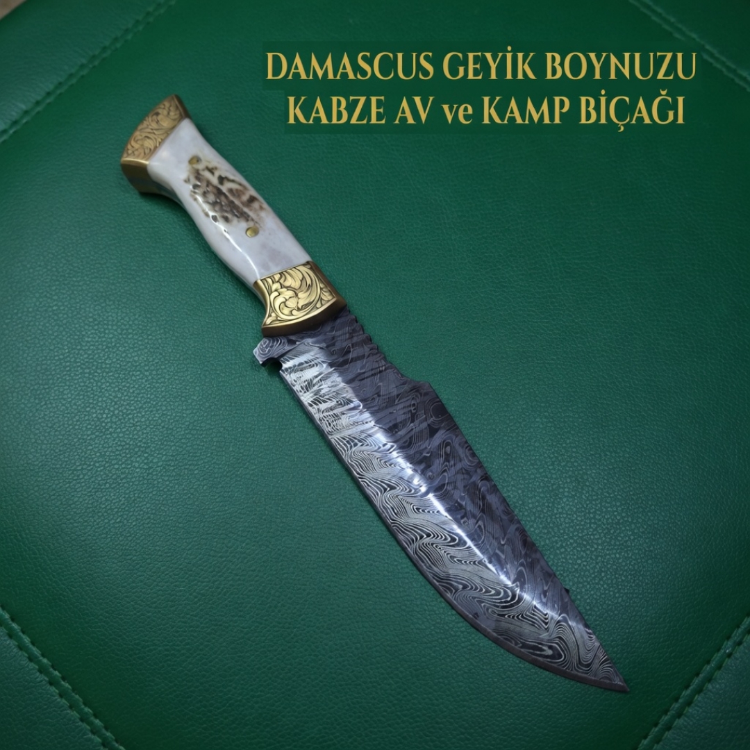 Damascus Çelik Geyik Boynuzu Kabze Av ve Kamp Bıçağı 26 cm