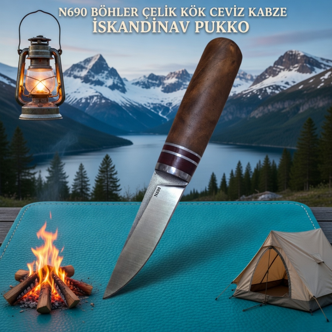 N690 Böhler Çelik Kök Ceviz Kabze İskandinav Pukko 21 cm