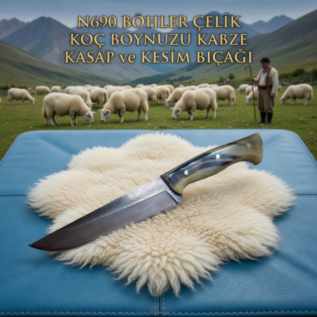 N690 Böhler Çelik Koçboynuzu Kabze Kasap ve Kelle Bıçağı