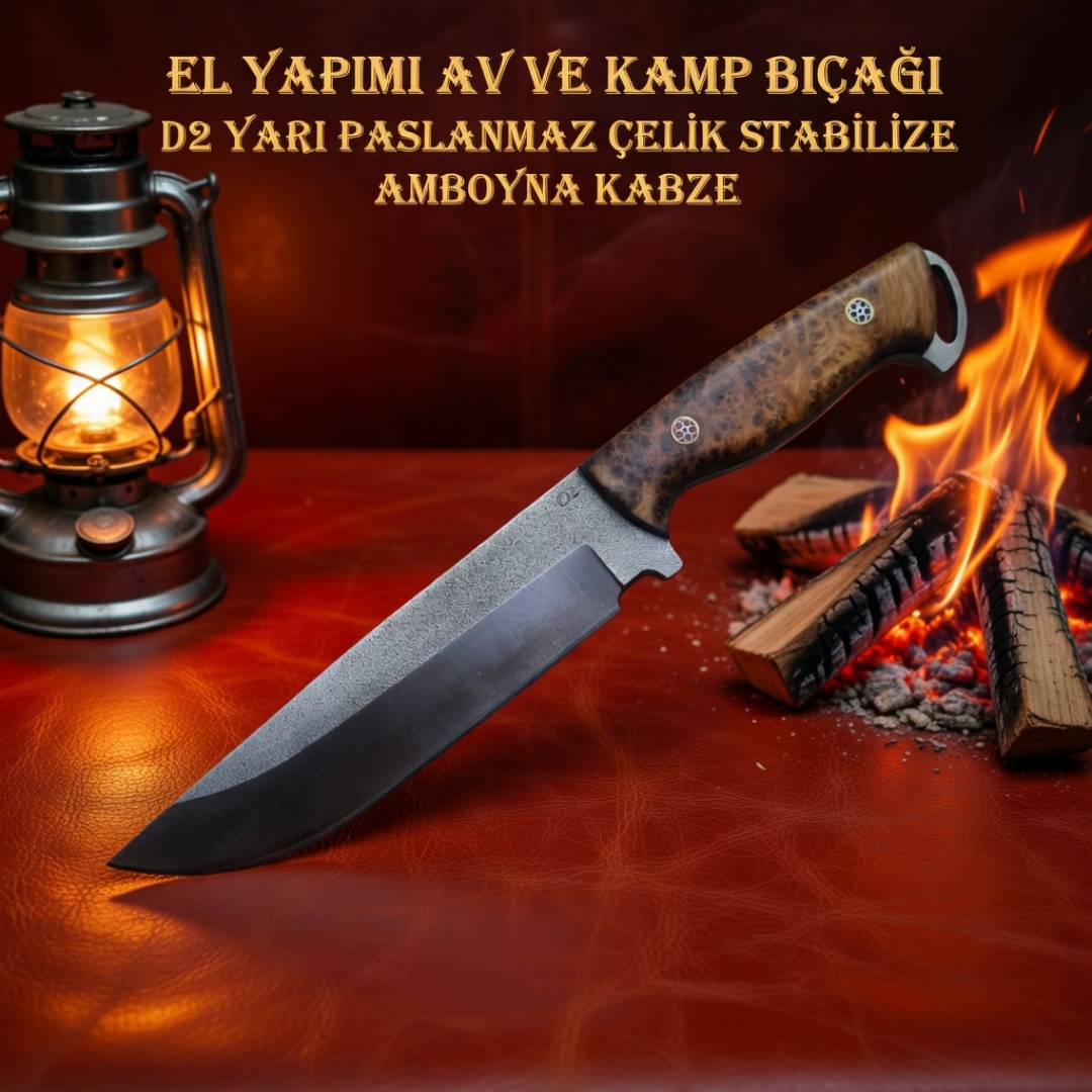 D2 Çelik Stabilize Amboyna Kabze El Yapımı Av ve Kamp Bıçağı