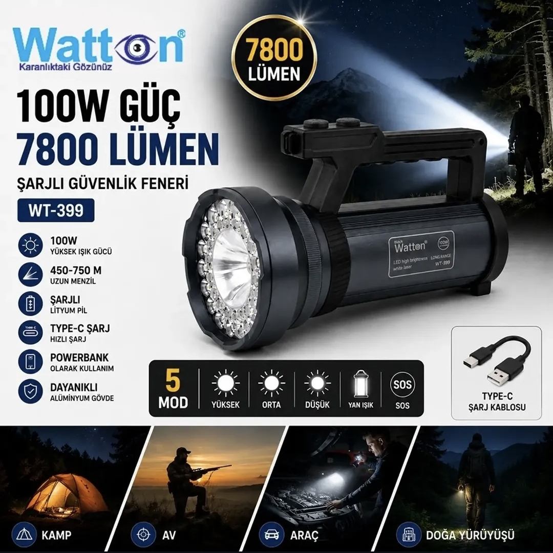Watton WT-399 7800 lümen şarjlı fener