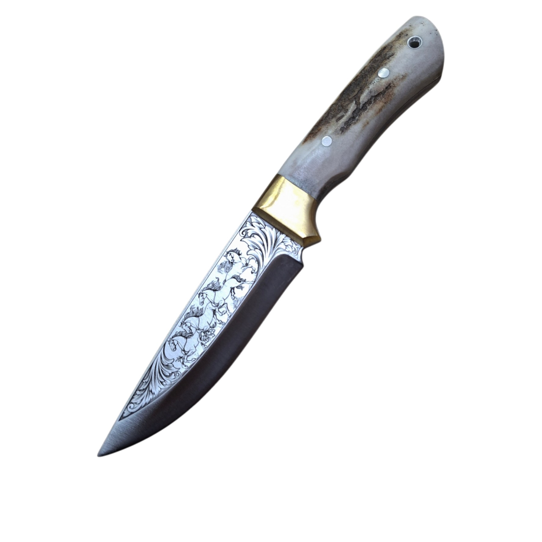N690 Böhler Geyik Boynuzu Kabze Gravürlü Namlu Kamp Bıçağı