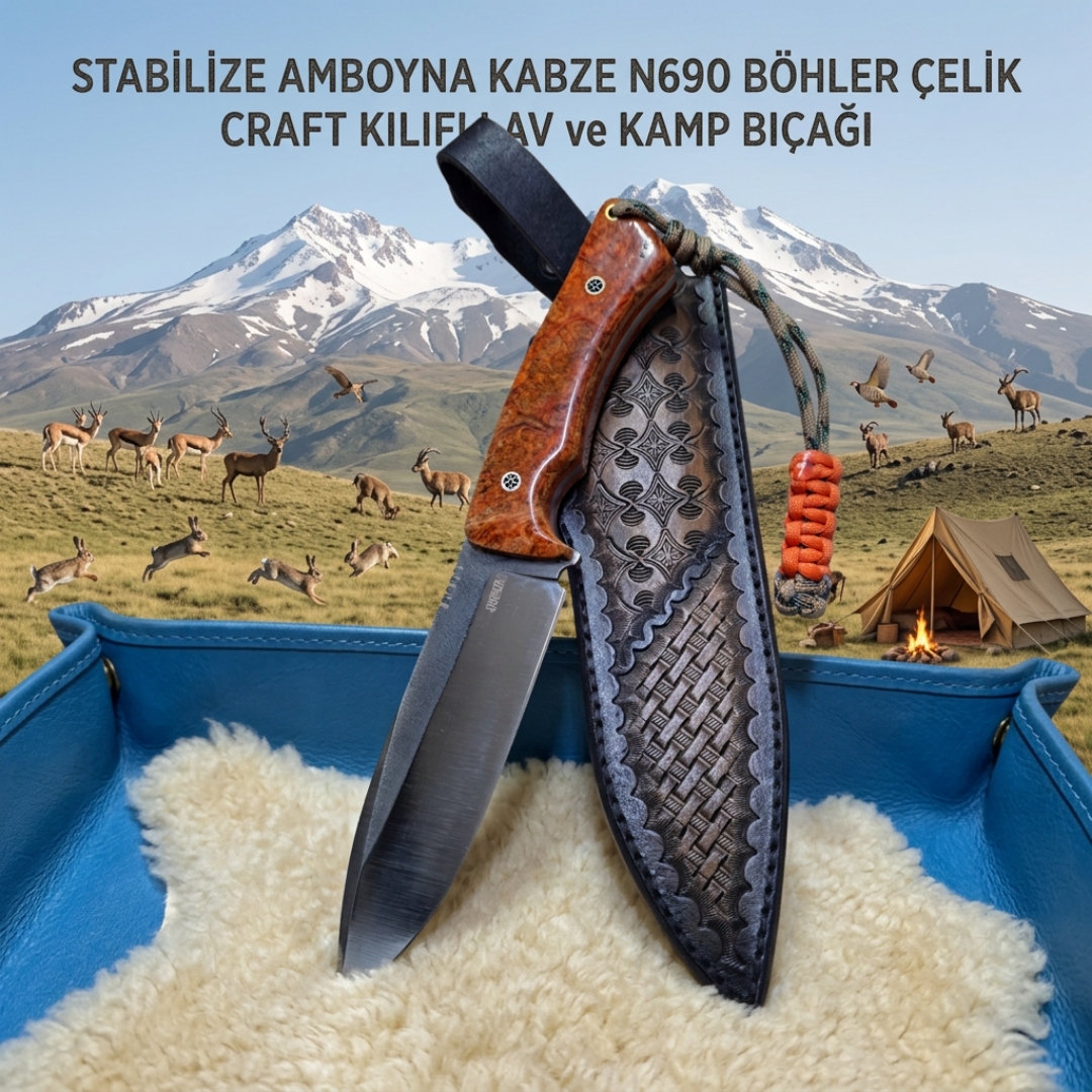Stabilize Amboyna N690 Böhler El Yapımı Av ve Kamp Bıçağı